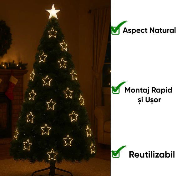 Brad artificial de Crăciun, iluminat LED cu stele